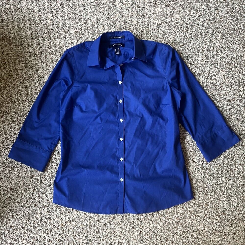 Lands End Outfitters Womens Size 8 Blue Wrinkle Free Broadcloth 3/4 Sleeve